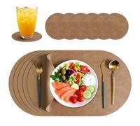 Juego de 6 Mantelitos Ovalados y Posavasos de Piel Sintética, Impermeable, Resistente a Manchas y Antideslizante de Doble Cara, Fácil de Limpiar e Ideal para Mesa, Estilo Americano