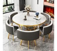 Juego de 6 mesas de comedor redondas de cuero gris oscuro con 6 sillas, muebles modernos de recepción, decoración elegante para el comedor