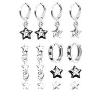 Juego de 6 pares de aretes de aro pequeños para mujer, simples y exquisitos, aretes de tuerca pequeños de plata vintage Y2K, aretes con colgante de estrella de circonita y diamantes de imitación