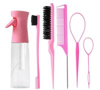 Juego de 6 peines para peinar el cabello con botella de spray continuo de 200 ml, cepillo de pelo de cola de rata, cepillo de control de bordes para cepillado de espalda, peinado, trenzado, rebanado