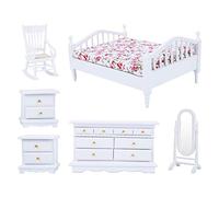 Juego de 6 Piezas de Mini Muebles de Dormitorio Blancos de Madera para casa de muñecas 1/12, Mini Muebles de Juguete con Cama, tocador, Espejo y Silla; Kit de Modelo de Madera no