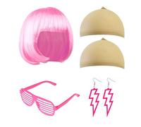 Juego de 6 Piezas de Peluca y Pendientes de anteojos, Pelucas de Despedida de Soltera, Peluca Corta neón Bob, Adecuado para Fiestas de cumpleaños, Fiestas de Disfraces, Disfraces Festivos (Rosa)