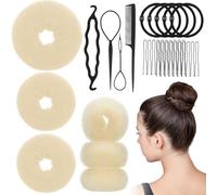 Juego de 6 piezas para hacer moños de pelo estilo anillo (1 L, 2 M y 3 S) con 20 bobby de pelo, horquillas, 5 bandas elásticas y 4 herramientas para el pelo largo (rubio)