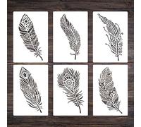 Juego de 6 plantillas de plumas de pavo real, plantillas de mandala para pintura, pulverización, pintura con rodillo de esponja, decoración de pared, manualidades (26 x 17,8 cm)