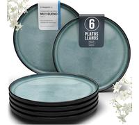 Juego de 6 Platos Grandes de Gres Ibiza - Elegantes Platos para Comida, Apto para Lavavajillas y Microondas - Set de Vajilla para 6 Personas - Pure Living en azul humo