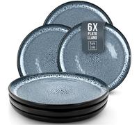 Juego de 6 Platos Grandes de Gres Ibiza - Elegantes Platos para Comida, Apto para Lavavajillas y Microondas - Set de Vajilla para 6 Personas - Pure Living en azul humo