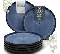 Juego de 6 Platos Grandes de Gres Ibiza - Elegantes Platos para Comida, Apto para Lavavajillas y Microondas - Set de Vajilla para 6 Personas - Pure Living en Negro y Azul Profundo
