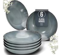 Juego de 6 Platos Hondos - Vajilla Completa de Steingut Premium para 6 Personas, Apta para Lavavajillas - Set Moderno y Elegante de Platos Profundos para Ensalada y Pasta - en Color azul humo