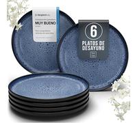 Juego de 6 Platos Pequeños Ibiza en Gres para Desayuno y Postre -Vajillas Completas para 6 Personas con Platos Modernos - Aptos para Lavavajillas y Microondas - Pure Living en Negro y Azul Profundo