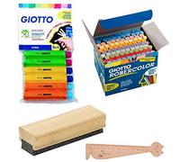 Juego de 6 portatizas Giotto, colores surtidos + cartón de 100 tizas colores + cepillo de madera para mesa + 1 regla de marcapáginas de madera Blumie