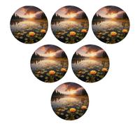 Juego de 6 posavasos con diseño de amanecer, paisaje floral, lago, bosque, naturaleza, nube, montaña, cielo, escena, primavera, verde, naranja, cuero, absorbente, decoración del hogar, hotel