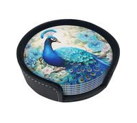 Juego de 6 Posavasos con diseño de Pavo Real Azul Oriental, con Soporte y Protector de Escritorio, Apto para Todo Tipo de Tazas.
