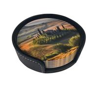 Juego de 6 posavasos de cuero con estampado de paisaje de árbol de Toscana para bebidas, posavasos redondos para tazas, con estuche de almacenamiento para decoración de cocina y hogar
