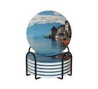 Juego de 6 posavasos de cuero con soporte, diseño del lago de Ginebra, Suiza, resistentes al calor, para protección de mesa, decoración de escritorio