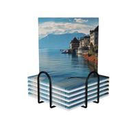 Juego de 6 posavasos de cuero con soporte, diseño del lago de Ginebra, Suiza, resistentes al calor, para protección de mesa, decoración de escritorio