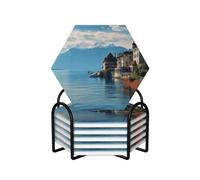 Juego de 6 posavasos de cuero con soporte, diseño del lago de Ginebra, Suiza, resistentes al calor, para protección de mesa, decoración de escritorio