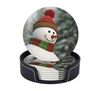 Juego de 6 posavasos de cuero, diseño de muñeco de nieve con mirada sonriente, para bebidas, con soporte, antideslizantes, tazas, almohadilla, decoración divertida, posavasos redondos para protección