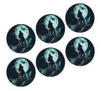 Juego de 6 posavasos de lobo, aullido, cielo nocturno, naturaleza, paisaje, luna, pájaro, árbol, abstracto, artístico, gris, verde, cuero, absorbente, decoración del hogar, hotel, dormitorio