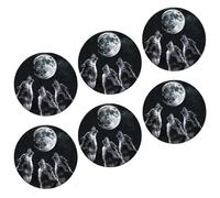 Juego de 6 posavasos de lobo, aullido, luna, noche, estrella, cielo, animales, pájaros, diseños artísticos, cuero gris, negro, decoración del hogar, absorción de agua, sala de estar, mesa de té