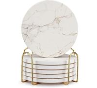 Juego de 6 Posavasos de mármol Blanco con Soporte, los Mejores Posavasos absorbentes de Piedra para Bebidas, Posavasos de cerámica para Vino, Posavasos de Mesa