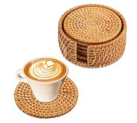 Juego de 6 Posavasos de ratán con Soporte, Juego de 6 Posavasos de Cristal, Posavasos de Corcho, Redondos para Bebidas, Tazas, Bares, Decorativos