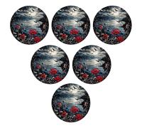Juego de 6 posavasos de rosas con diseño de río espeluznante, botánico, luna, nube, hojas florales, cielo nocturno, pájaro, azul, rojo, cuero, absorbente, decoración del hogar, hotel, dormitorio