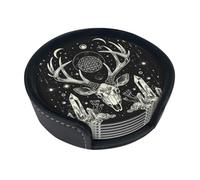 Juego de 6 posavasos para bebidas con soporte, posavasos de cuero para bebidas, mesa de café, bar, cerveza, copa de vino, regalos de inauguración de la casa, calavera de ciervo, geometría sagrada,