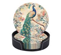Juego de 6 Posavasos Redondos de Piel sintética con Soporte, diseño de Pavo Real en una Rama Entre Flores de Tonos Suaves.