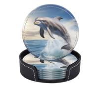 Juego de 6 Posavasos Redondos de Piel sintética con Soporte, diseño de un delfín Saltando en el océano Azul bajo un Cielo despejado.