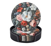 Juego de 6 Posavasos Redondos de Piel sintética con Soporte. El Elegante Encanto de Las Flores sobre un Fondo Oscuro.