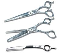 Juego de 6 pulgadas: tijeras para cortar el cabello, tijeras de entresacar y maquinilla de afeitar. Incluye estuche de cuero. Ideal para cortar e