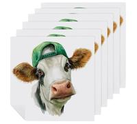 Juego de 6 servilletas cuadradas de tela con diseño de vaca divertida con gorra verde, reutilizables, lavables, de poliéster, para cenas y fiestas