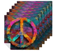 Juego de 6 servilletas cuadradas de tela con símbolo hippie de Peace And Love, de poliéster, reutilizables, lavables, para cenas y fiestas