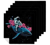 Juego de 6 servilletas de tela cuadradas de poliéster lavables reutilizables de primera calidad con diseño de astronauta cabalgando una ballena azul con flores rosadas para cenas y fiestas