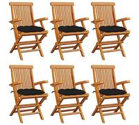 Juego de 6 Sillas de Jardín, Sillones Exterior con Cojines Negros y Estructura de Teca Maciza, Plegables, Resistentes a la Intemperie, para Terraza, Patio o Balcón, Color Negro, 55 x 60 x 89 cm