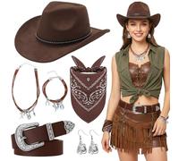 Juego de 6 sombreros de vaquero para mujer, traje de vaquera occidental para mujer, con sombrero, pulsera, collar, pendientes, pañuelo, cinturón, disfraz de vaquero, juego de accesorios para adultos