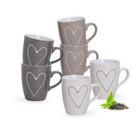 Juego de 6 tazas de café con forma de corazón, color blanco, beige, gris, juego de tazas en 250 ml para café, capuchino o taza de té - Bonito mango de cerámica apto para lavavajillas y microondas como