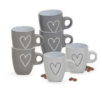 Juego de 6 Tazas de Espresso Con Corazón en Gris, Beige, Blanco - Hermosas Con Asa para Café Italiano - 50 ml, Aptas para Microondas y Lavavajillas Como Regalo