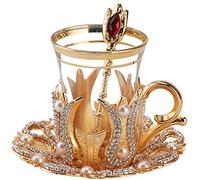(Juego de 6) Tazas de té turcas con platillos y cucharas, decoradas con cristales y perlas, 24 piezas, doradas