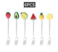 Juego de 6 tenedores de acero inoxidable para frutas, tenedores de postre de dibujos animados bonitos, tenedores para pastel y fruta, palitos para cócteles y té