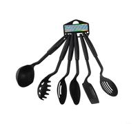Juego de 6 utensilios de cocina de nailon antiarañazos, resistentes al calor, espátula, cucharón, pinzas para freír, hornear, color negro