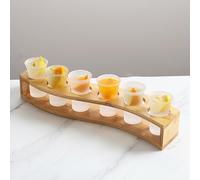 Juego de 6 vasos de chupito con estante en forma de S, vasos de chupito de cristal transparente de 1 oz y bandeja organizadora de madera para licor, whisky, brandy, vodka, ron y cóctel Natural bamboo