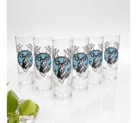 Juego de 6 vasos de chupito - Diseño de cabeza de ciervo - 6,5 cl con 2 cl y 4 cl - Varios colores a elegir - Idea de regalo para fiestas y amigos, hombres y mujeres, ciervo celeste GTK27.30.43