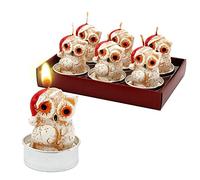 Juego de 6 velas de té con diseño de búho con gorro de Navidad, dimensiones de cada vela: 4 x 4 x 6 cm.