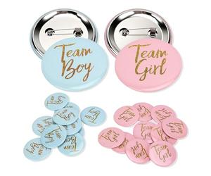 Juego de 60 insignias para revelar el sexo del bebé, conjunto de insignias para el equipo del niño o la niña, insignias redondas con motivos ingleses para la decoración de fiestas de bienvenida al beb