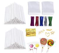 Juego De 600 Palitos para Cake Candy Pop,200 Palitos De Piruleta,200 Bolsas De Caramelos y 200 Alambres De Atar, Lollipop Stick para Hacer Tartas De Chuches,Piruletas y Decoraciones De Bodas,Fiestas