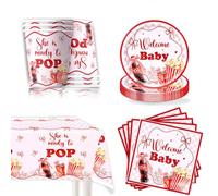 Juego de 61 piezas de decoración de baby shower con texto en inglés "She's Ready to Pop", juego de vajilla de fiesta de estilo rojo y blanco, suministros de fiesta de revelación de género con temática