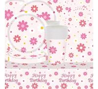 Juego de 61 vajilla de fiesta de color rosa con flores rosas para fiestas de cumpleaños, manteles, vasos, servilletas, platos, para 20 invitados.