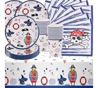 Juego de 61 vajilla de fiesta pirata con platos, vasos, servilletas y manteles para fiestas de niños para 20 personas