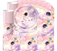 Juego de 61 vajilla para fiesta de astronauta, tema de espacio, cielo estrellado, baño de bebé, decoración de fiesta de cumpleaños infantil, plato de astronauta, taza, toallas de papel, mantel (20
